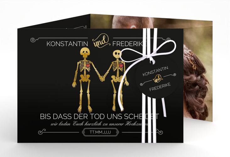 Hochzeitseinladung Bones A6 Doppel-Klappkarte schwarz gold