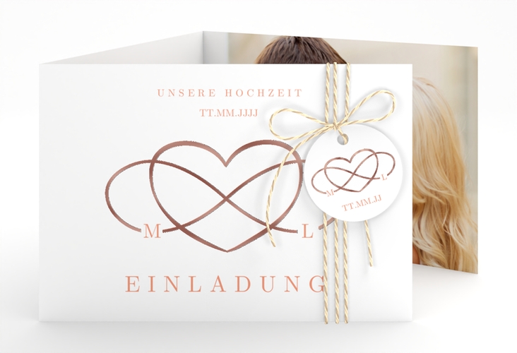 Hochzeitseinladung Infinity A6 Doppel-Klappkarte apricot rosegold