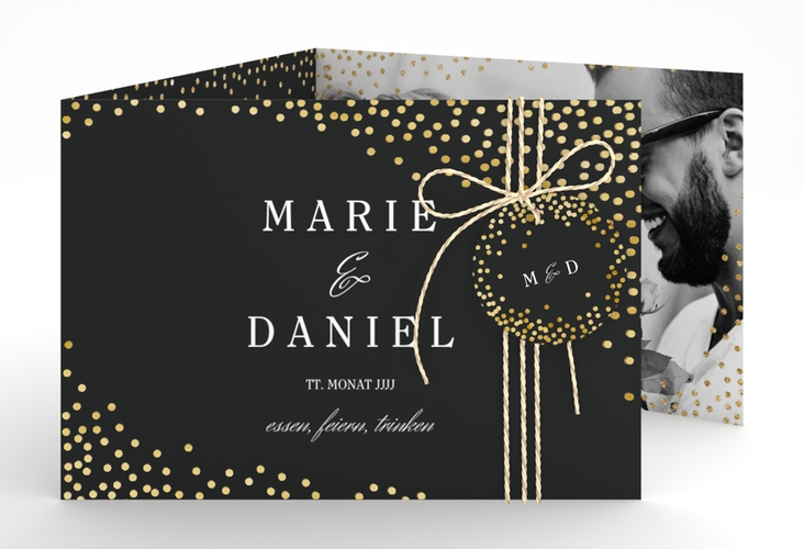 Hochzeitseinladung Glitter A6 Doppel-Klappkarte schwarz gold