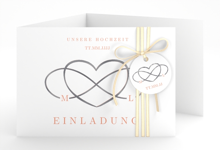 Hochzeitseinladung Infinity A6 Doppel-Klappkarte apricot silber