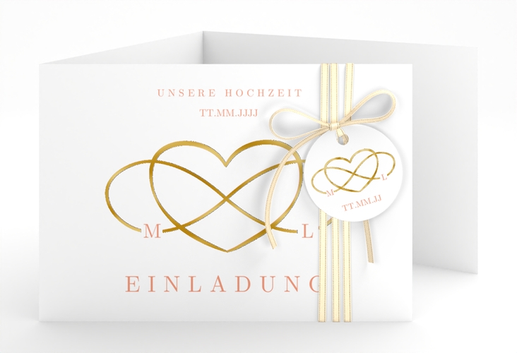 Hochzeitseinladung Infinity A6 Doppel-Klappkarte apricot gold