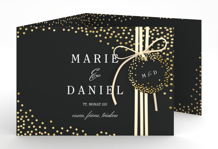 Hochzeitseinladung Glitter A6 Doppel-Klappkarte schwarz gold