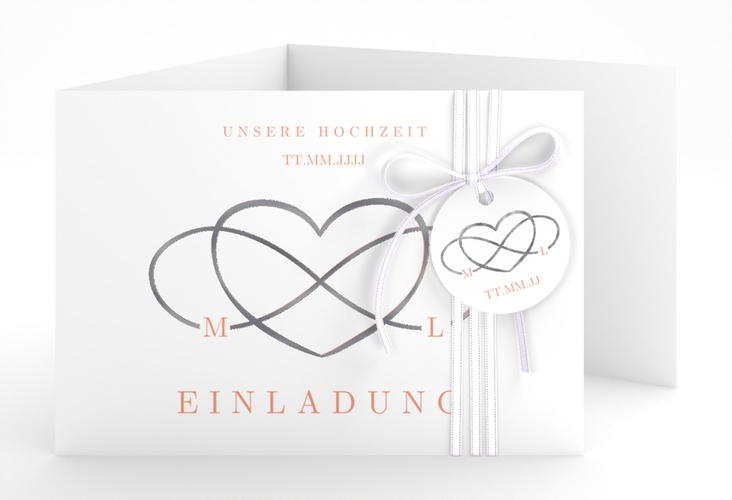 Hochzeitseinladung Infinity A6 Doppel-Klappkarte apricot silber