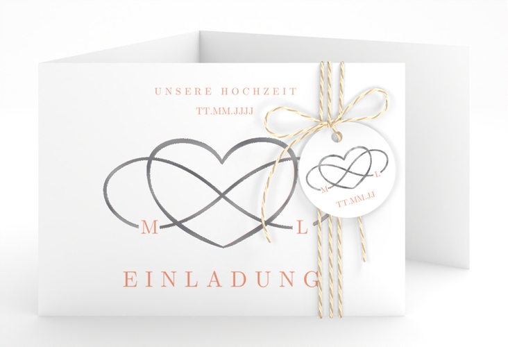 Hochzeitseinladung Infinity A6 Doppel-Klappkarte apricot silber