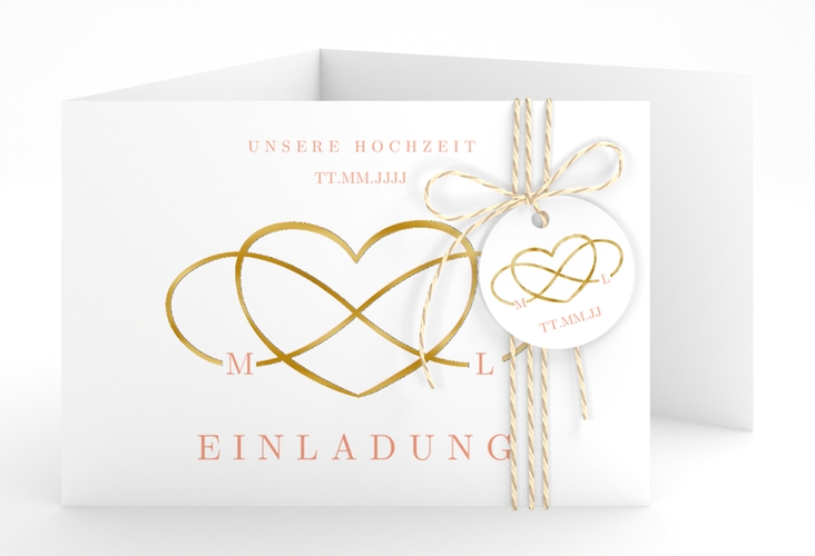 Hochzeitseinladung Infinity A6 Doppel-Klappkarte apricot gold