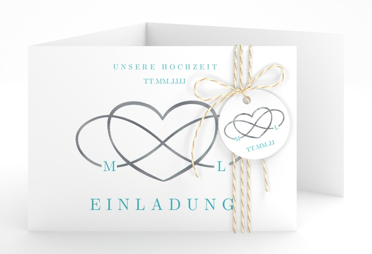 Hochzeitseinladung Infinity A6 Doppel-Klappkarte tuerkis silber