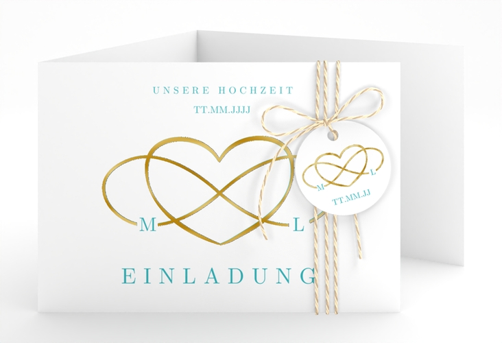 Hochzeitseinladung Infinity A6 Doppel-Klappkarte tuerkis gold