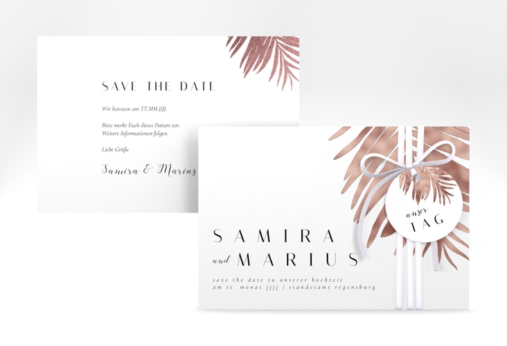 Save the Date-Karte Palmenblatt A6 Karte quer rosegold mit Palmenwedel