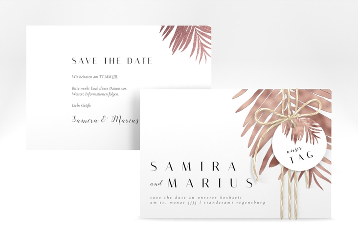 Save the Date-Karte Palmenblatt A6 Karte quer rosegold mit Palmenwedel