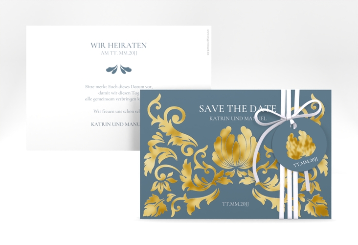 Save the Date-Karte Royal A6 Karte quer gold mit barockem Blumen-Ornament