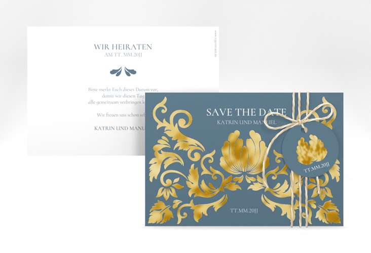 Save the Date-Karte Royal A6 Karte quer gold mit barockem Blumen-Ornament