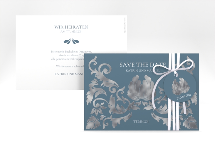 Save the Date-Karte Royal A6 Karte quer silber mit barockem Blumen-Ornament