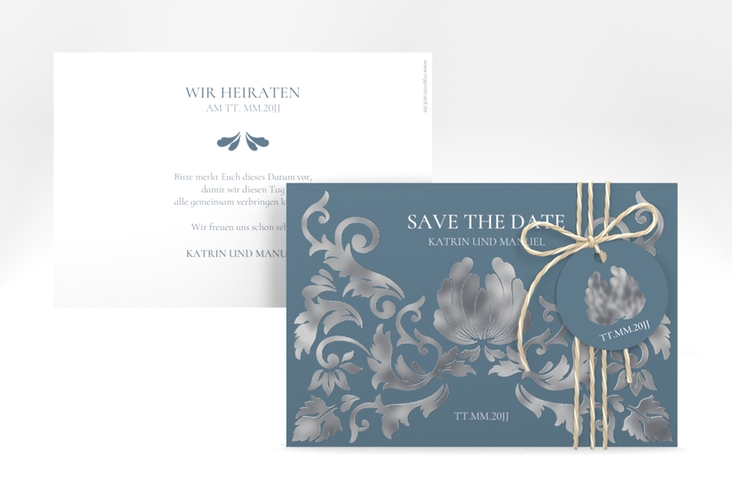 Save the Date-Karte Royal A6 Karte quer silber mit barockem Blumen-Ornament