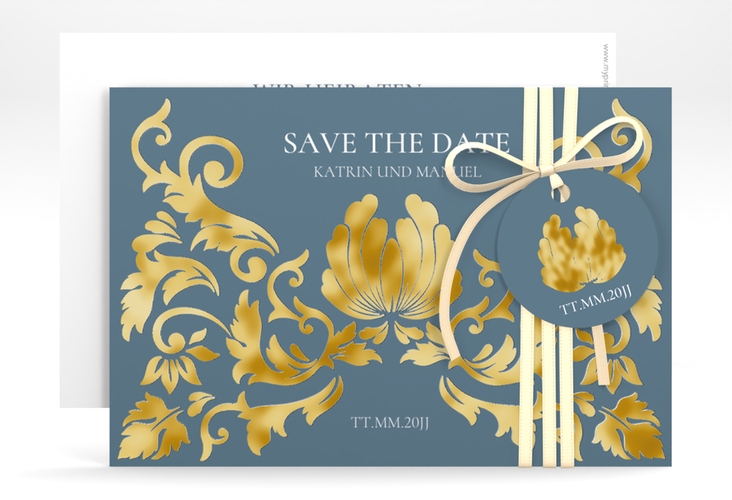 Save the Date-Karte Royal A6 Karte quer gold mit barockem Blumen-Ornament