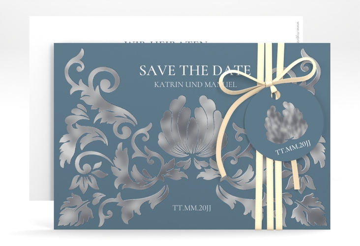 Save the Date-Karte Royal A6 Karte quer silber mit barockem Blumen-Ornament