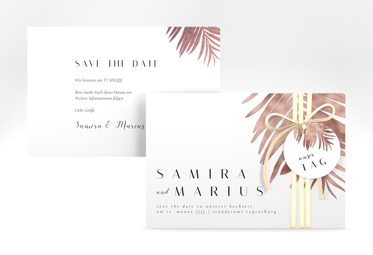 Save the Date-Karte Palmenblatt A6 Karte quer rosegold mit Palmenwedel