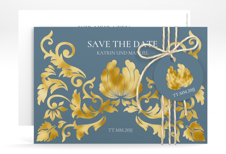 Save the Date-Karte Royal A6 Karte quer gold mit barockem Blumen-Ornament