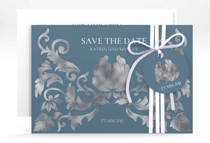 Save the Date-Karte Royal A6 Karte quer silber mit barockem Blumen-Ornament