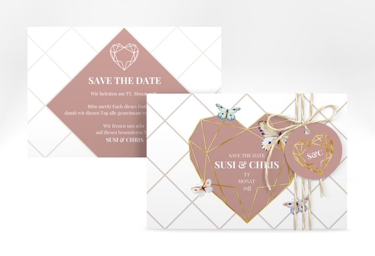 Save the Date-Karte Butterfly A6 Karte quer gold mit Schmetterlingen und Herz im Geometric Design