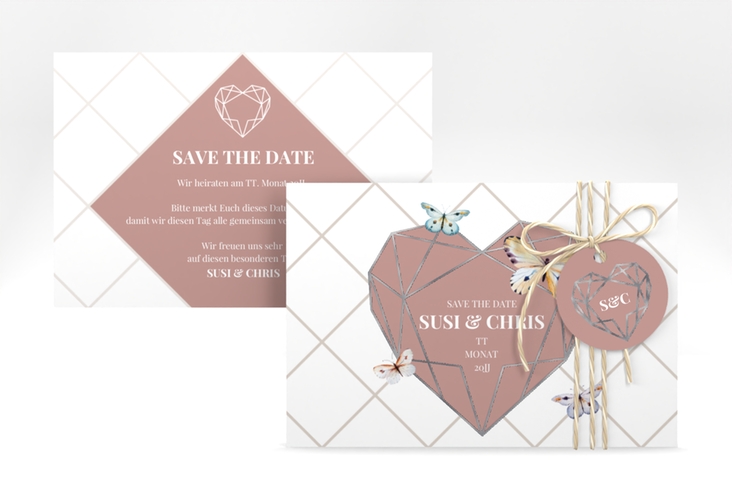 Save the Date-Karte Butterfly A6 Karte quer silber mit Schmetterlingen und Herz im Geometric Design