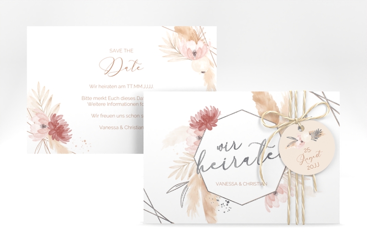 Save the Date-Karte Bohostyle A6 Karte quer silber mit Pampasgras in Aquarell