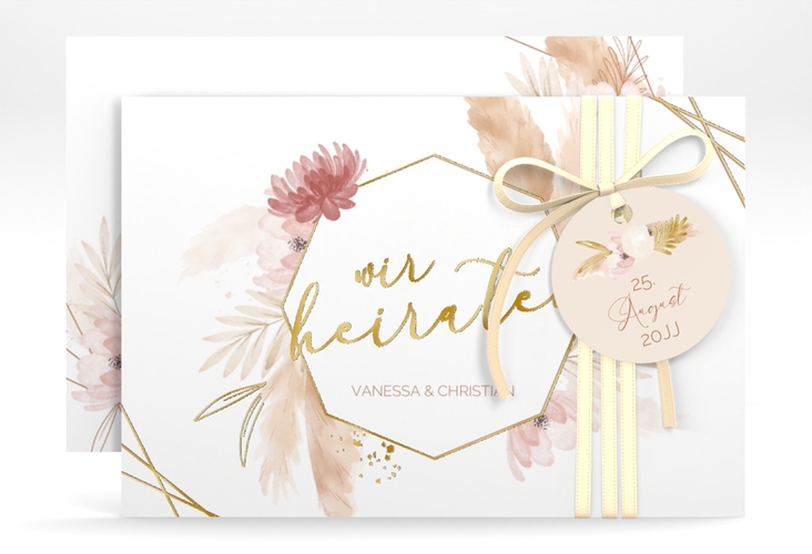 Save the Date-Karte Bohostyle A6 Karte quer gold mit Pampasgras in Aquarell