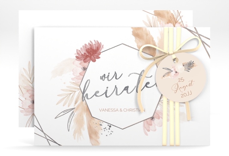 Save the Date-Karte Bohostyle A6 Karte quer silber mit Pampasgras in Aquarell