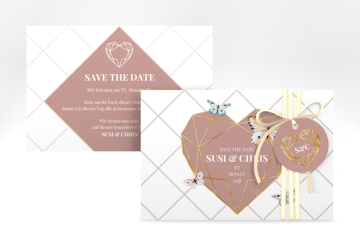 Save the Date-Karte Butterfly A6 Karte quer gold mit Schmetterlingen und Herz im Geometric Design