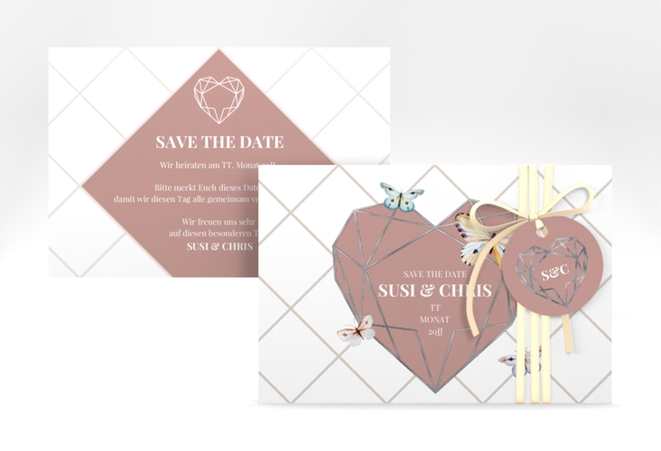 Save the Date-Karte Butterfly A6 Karte quer silber mit Schmetterlingen und Herz im Geometric Design