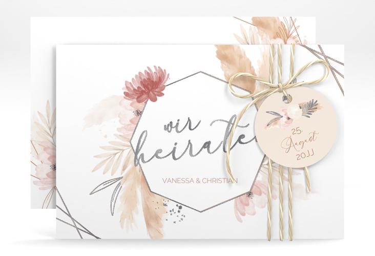 Save the Date-Karte Bohostyle A6 Karte quer silber mit Pampasgras in Aquarell