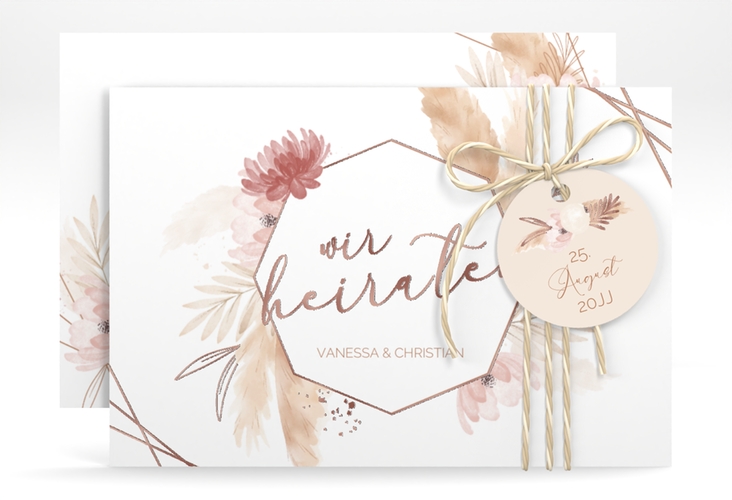 Save the Date-Karte Bohostyle A6 Karte quer rosegold mit Pampasgras in Aquarell