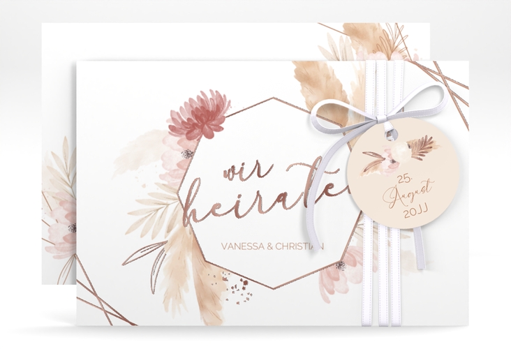 Save the Date-Karte Bohostyle A6 Karte quer rosegold mit Pampasgras in Aquarell