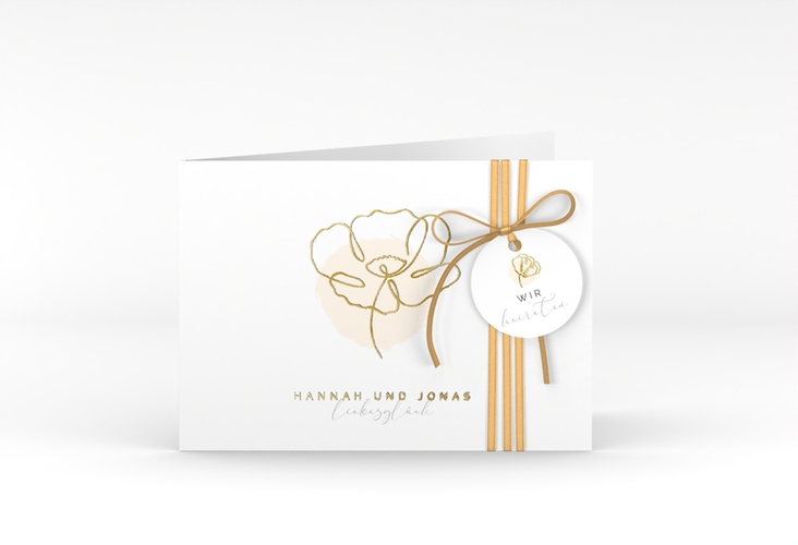 Hochzeitseinladung Flowerline A6 Klappkarte quer apricot gold