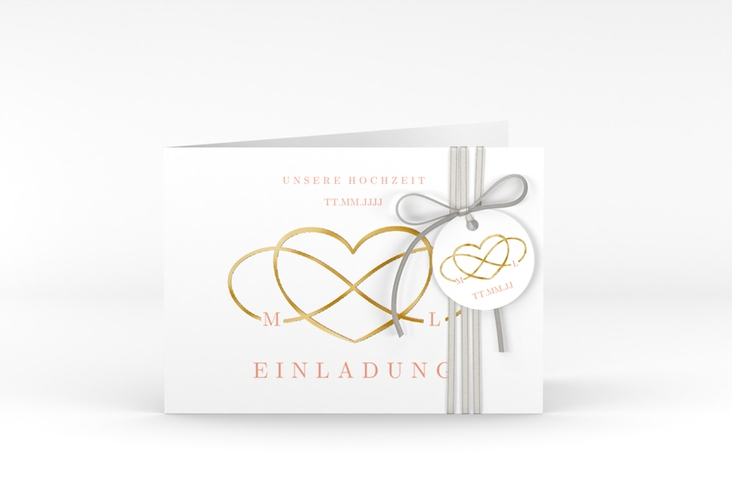 Hochzeitseinladung Infinity A6 Klappkarte quer apricot gold