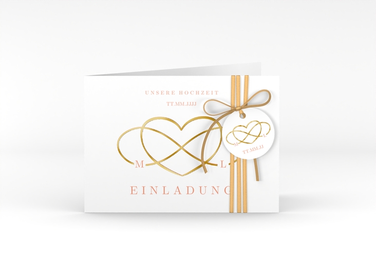 Hochzeitseinladung Infinity A6 Klappkarte quer apricot gold