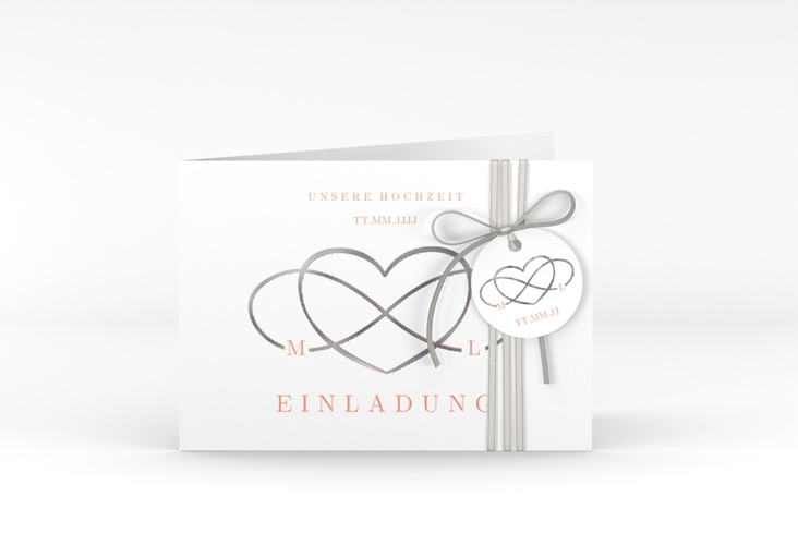 Hochzeitseinladung Infinity A6 Klappkarte quer apricot silber