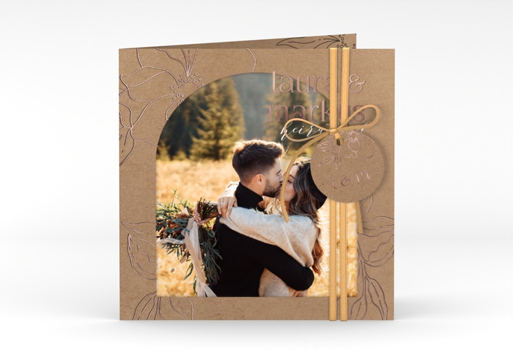 Hochzeitseinladung Alpenblume quadr. Klappkarte Kraftpapier rosegold