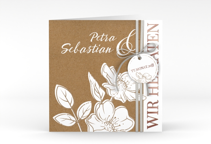 Hochzeitseinladung Windflower quadr. Klappkarte Kraftpapier rosegold mit Wildrosen