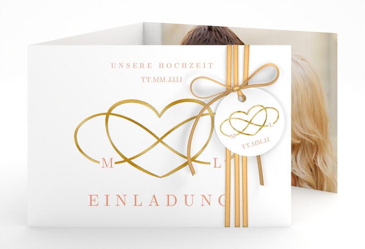 Hochzeitseinladung Infinity A6 Doppel-Klappkarte apricot gold