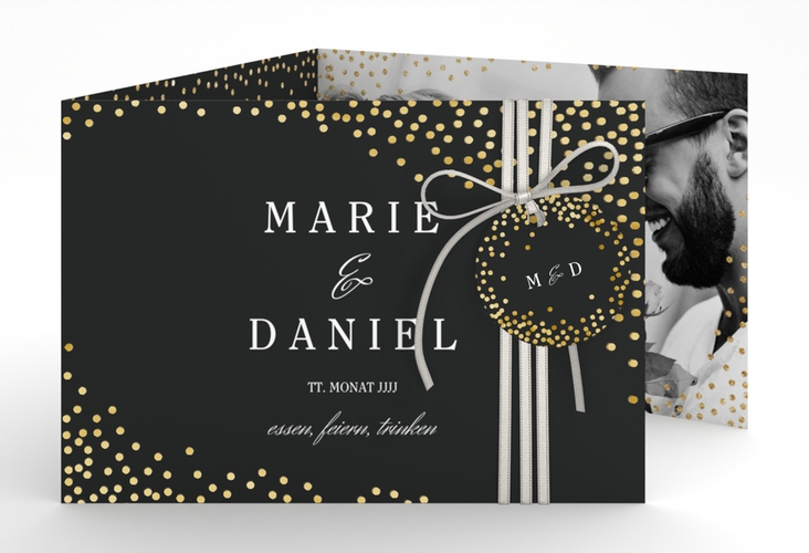 Hochzeitseinladung Glitter A6 Doppel-Klappkarte schwarz gold