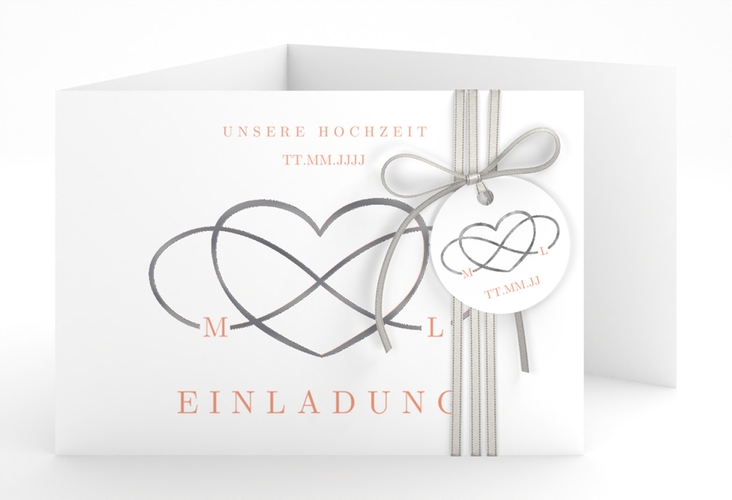 Hochzeitseinladung Infinity A6 Doppel-Klappkarte apricot silber