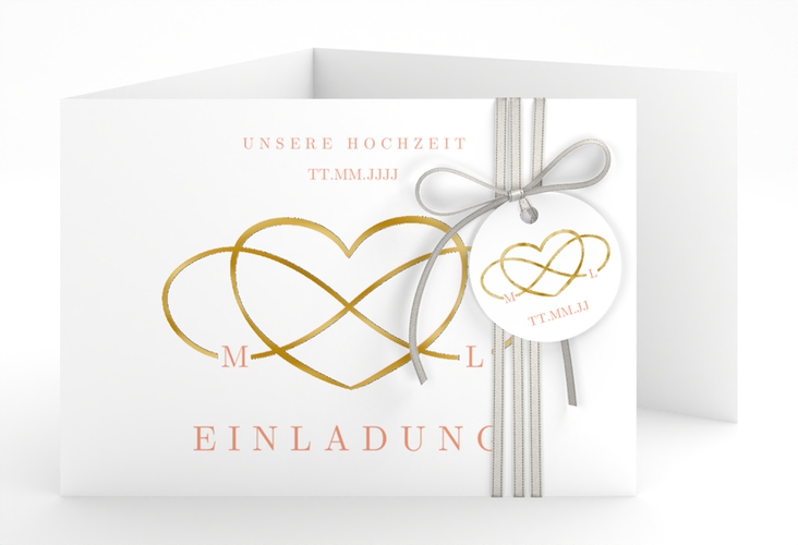 Hochzeitseinladung Infinity A6 Doppel-Klappkarte apricot gold