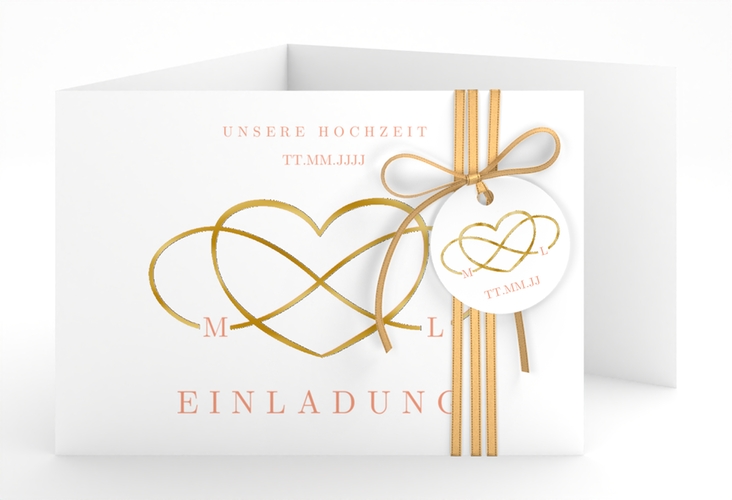 Hochzeitseinladung Infinity A6 Doppel-Klappkarte apricot gold