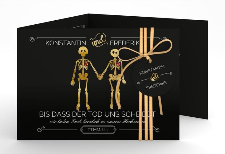 Hochzeitseinladung Bones A6 Doppel-Klappkarte schwarz gold