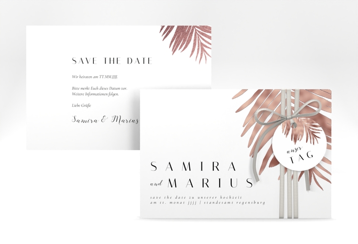 Save the Date-Karte Palmenblatt A6 Karte quer rosegold mit Palmenwedel