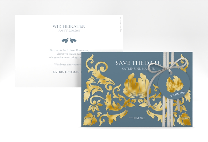 Save the Date-Karte Royal A6 Karte quer gold mit barockem Blumen-Ornament