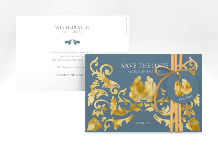 Save the Date-Karte Royal A6 Karte quer gold mit barockem Blumen-Ornament