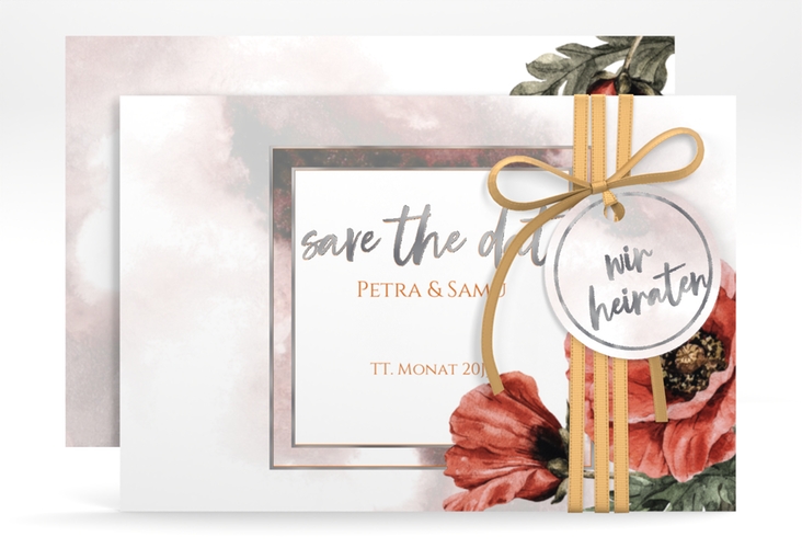 Save the Date-Karte Sommer A6 Karte quer silber mit Mohnblumen-Aquarell