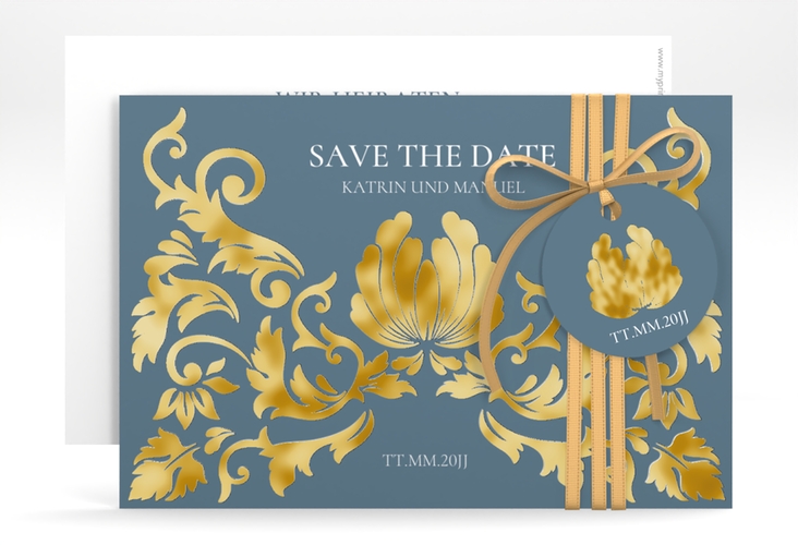 Save the Date-Karte Royal A6 Karte quer gold mit barockem Blumen-Ornament