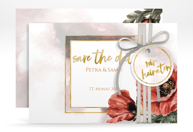 Save the Date-Karte Sommer A6 Karte quer gold mit Mohnblumen-Aquarell